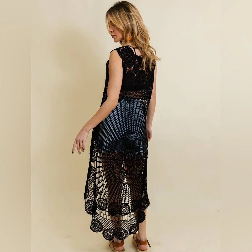 Black Crochet Floral Cover Up Swim Tunic Boho Western Beach Festival Top